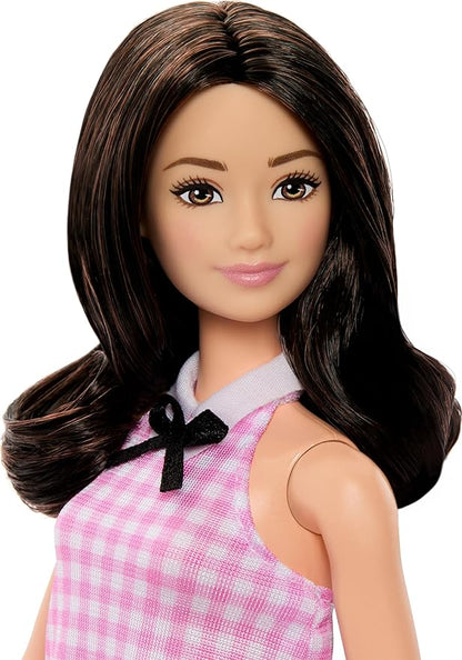 Barbie Fashionistas Doll #224 with Black Wavy Hair, Pink Gingham Dress & Accessories, 65th Anniversary Collectible Toy