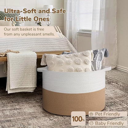 INDRESSME 115L Extra Large Jute Rope Basket, Blanket Basket Home Decor Baby Laundry Baskets for Toys Storage Bedroom, Living Room, Nursery, Boho Hamper for Colthes Towel, White & Camel