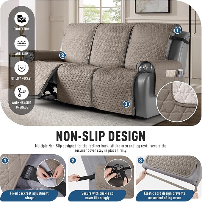 TAOCOCO 100% Waterproof Recliner Sofa Cover-Non Slip Split Couch Covers for Reclining Couches with Elastic Straps,Couch Covers for 3 Cushion Couch Sofa Pet Friendly(Taupe, 3 Seater)
