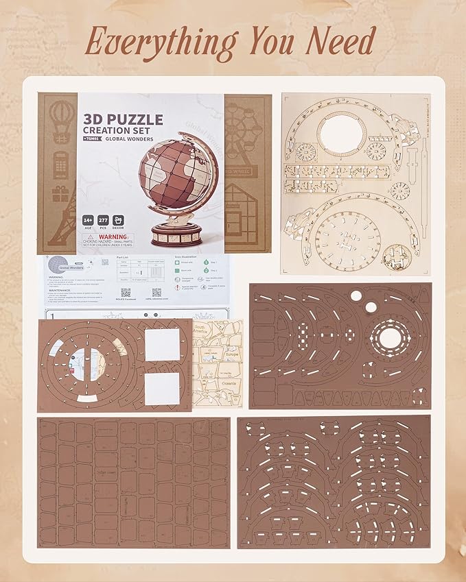3D Puzzles Globe for Adults-Global Wonders, 3D Wooden Puzzles Model Building Creation Set for Adults, Home Decor/Creative Gifts/DIY Crafts for Teens (277PCS)
