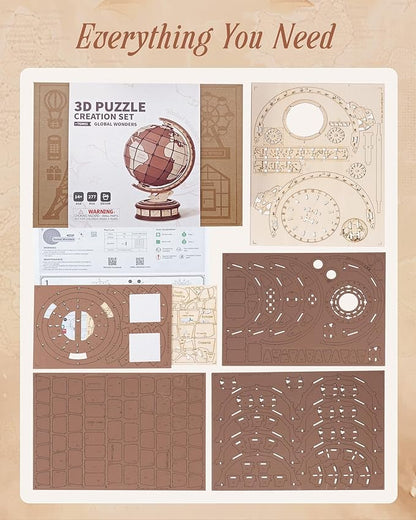 3D Puzzles Globe for Adults-Global Wonders, 3D Wooden Puzzles Model Building Creation Set for Adults, Home Decor/Creative Gifts/DIY Crafts for Teens (277PCS)