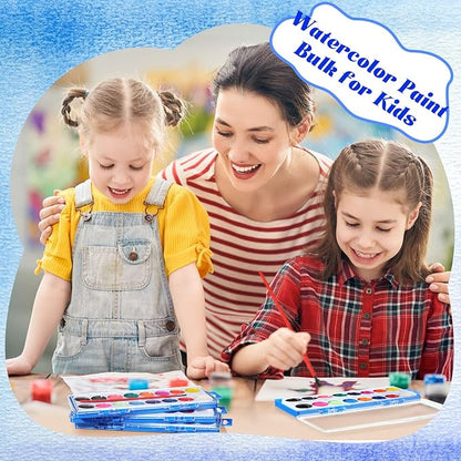 Jexine 48 Pieces Watercolor Paint Sets for Valentine's Day Gifts 16 Washable Water Color Paints Washable Bulk with Paintbrushes for Valentine School Classroom Birthday Gift Art Party Favors