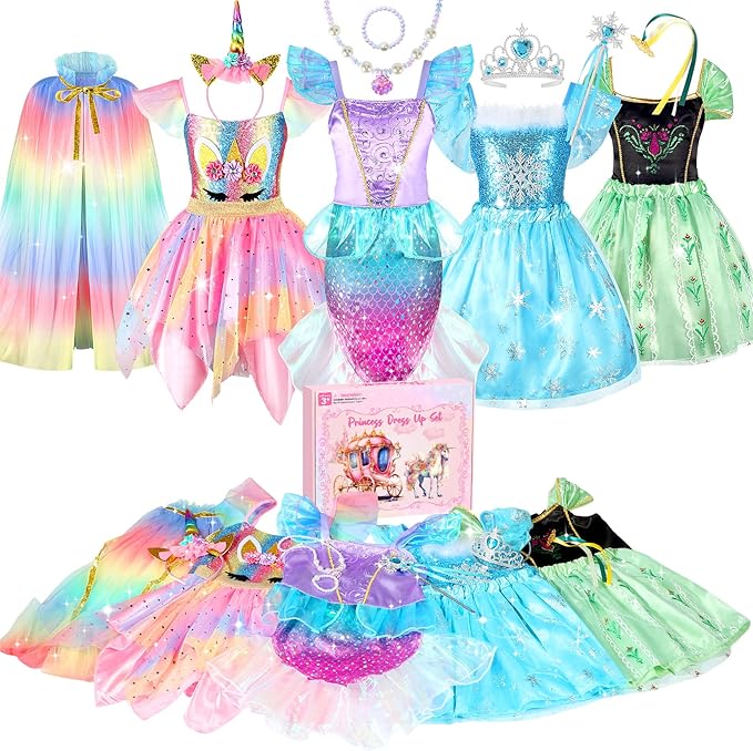 Princess Dress Up Clothes for Little Girls: Princess Costume for Girls Toddler, Unicorn Costume & Mermaid Costume, Girl Toys Age 3 4 5 6 Year Old Girl Birthday Gifts with Cape, Jewelry, etc