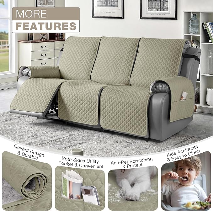 TAOCOCO Waterproof Recliner Couch Covers Sofa Slipcover for 3 Cushion Couch, Pet Sofa Cover for 3 Seat Recliner, Washable Reclining Sofa Cover Furniture Protector with Straps(3 Seater, Sand)