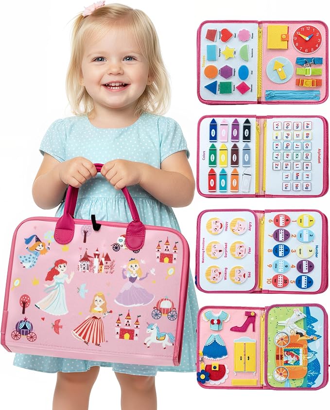Busy Board for 1 Year Old, Busy Book for Toddlers 1-3, 2 Year Old Girl Toys, Montessori Toys for 1 Year Old, Educational Sensory Activities, Learning Fine Motor Skills Travel Toy for Toddler(Pink)