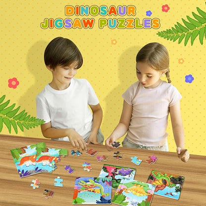 SANNIX 12 Pack Dinosaur Wooden Jigsaw Puzzles with 12 Organize Bags, Dinosaurs Animals Toddlers Puzzles for Kids Ages 3 4 5, Party Favors Educational Learning Travel Toys for Boys Girls