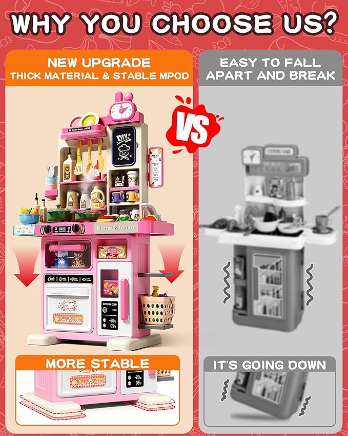 33.8IN - 70PCS Kids Kitchen Playset with Sound & Light - Cooking Stove with Steam, Play Sink and Toy Kitchen Accessories - Pretend Kitchen Play Food Toys for Kids Boys Girls - Toddler Play Kitchen Set