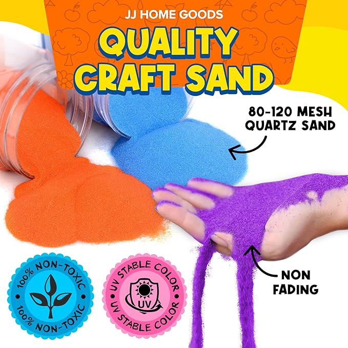 JJ CARE Colored Sand, 11 lbs. [10 Bottles] Craft Sand Art Kit for Kids 3 Years Above, Non-Toxic Color Sand Art Bulk, UV Stable Colorful Sand for Crafts, Wedding & Decorations, Kids Art Sand
