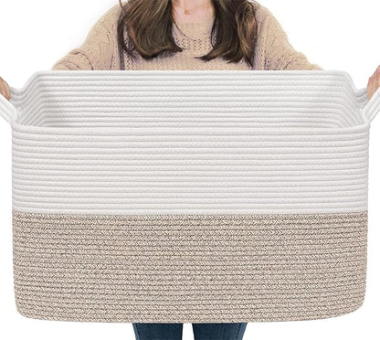Goodpick Large Blanket Basket 22" x 17" x 12" Woven Storage Baskets for Organizing, Rectangle Cotton Rope Basket for Living Room Bedroom, Toy Baskets Storage Kids, White & Brown