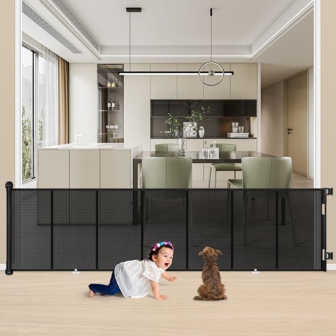 34X120” Extra Wide Safety Retractable Baby Gate, Extra Wide Safety Kids or Pets Gate, 34” Tall, Extends to 120” Extra Wide, Built-in Reinforce Strip Mesh Safety Dog Gate for Stairs (34”X120”, Black)