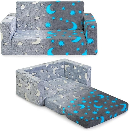 Toddler Couch, Toddler Chair Folding, Kids Couch 2 in 1, Kids Sofa for Playroom-Extra Soft 2 Seats, Glow in The Dark Open Couch, Gifts for Kids, Sleeper for Girls Boys, Grey Blue