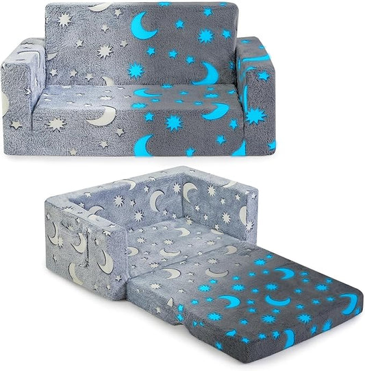 Toddler Couch, Toddler Chair Folding, Kids Couch 2 in 1, Kids Sofa for Playroom-Extra Soft 2 Seats, Glow in The Dark Open Couch, Gifts for Kids, Sleeper for Girls Boys, Grey Blue