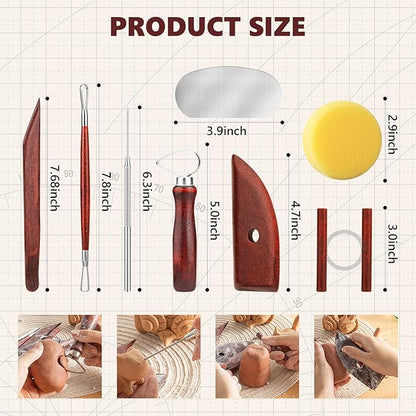 8PCS Stained Wooden Pottery Sculpting Tools, Wood Clay Cleaning Tool Set, Ceramic Modeling Tool for Carving, Molding, Cutting, Trimming, Pottery Wheel, Crafting, Beginners, Adults, Students