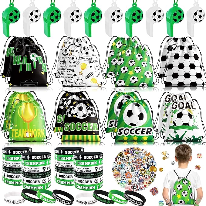 98Pcs Soccer Party Favors, Soccer Drawstring Bags with Silicone Bracelet Soccer Whistles Stickers Soccer Goodie Bags for Soccer Party Decorations Supplies