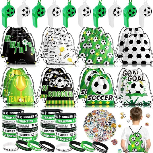 98Pcs Soccer Party Favors, Soccer Drawstring Bags with Silicone Bracelet Soccer Whistles Stickers Soccer Goodie Bags for Soccer Party Decorations Supplies