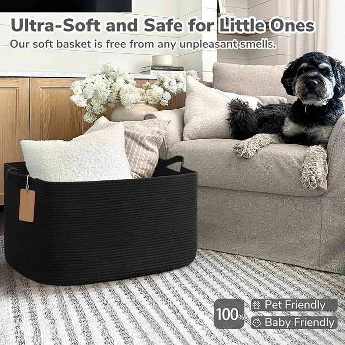 Goodpick Woven Storage Baskets for Organizing 22”x17”x12” Large Blanket Basket for Living Room Bedroom, Rectangle Nursery Baby Toy Storage Basket for Kids Boys, Black