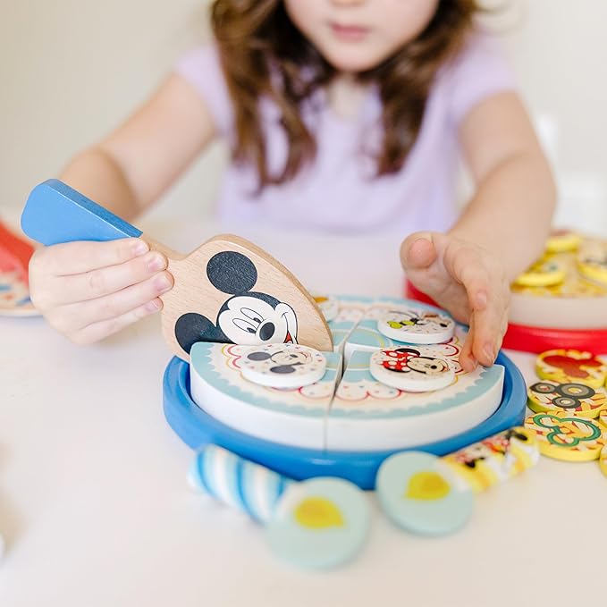Melissa & Doug Mickey Mouse Wooden Pizza and Birthday Cake Set (32 pcs) - Play Food