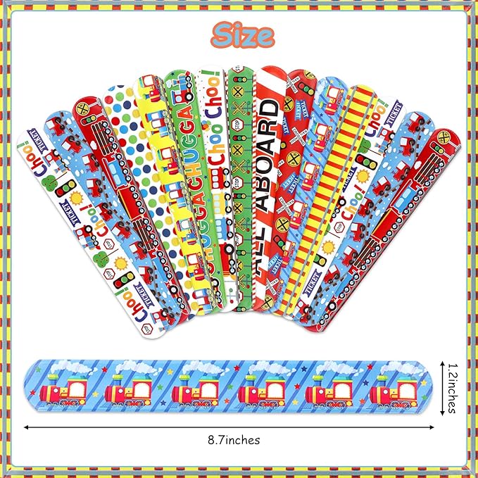 Serencatcher 48Pcs Train Slap Bracelets, Train Party Favors Include Bracelet Wristbands in 12 Styles for Chugga Chugga Choo Choo Train Railroad Transportation Birthday Party Decorations Supplies