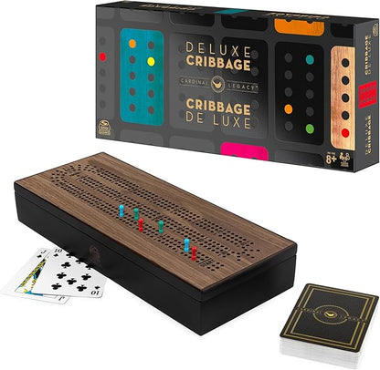 Spin Master Games Legacy Deluxe Cribbage Classic Game with Lined Wooden Case and Colored Metal Movers, Family Game for 2 to 4 Players Ages 8 and up