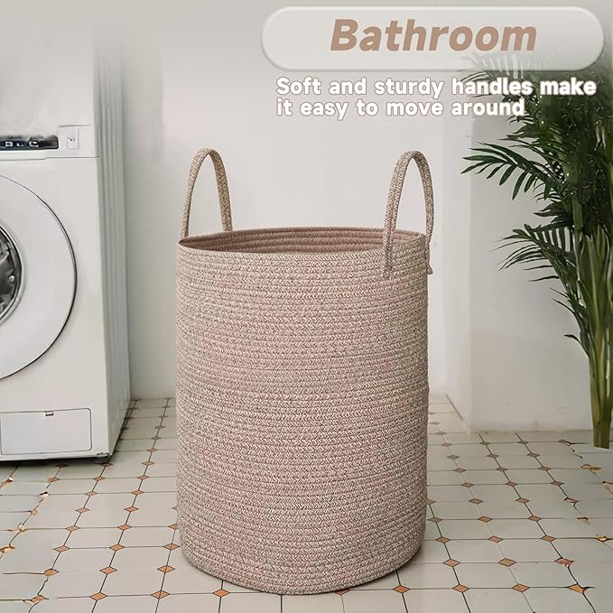 JMvicyroam Large Woven Laundry Basket Hamper,80L Cotton Rope Storage Bin for Blankets,Toys and Clothes,Decorative Tall Nursery Hamper for Living Room,Baby Nursery,Bathroom and Bedroom,Oatmeal