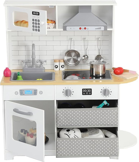 Play Kitchen for Kids, Wooden Kitchen Toy Playset with Stove, Oven, Sink and 17 Pcs Toy Food & Cookware Acces, Pretend Play Kitchen with 2 Fabric Drawers for Toddlers, Preschoolers Age 3+ Years, White