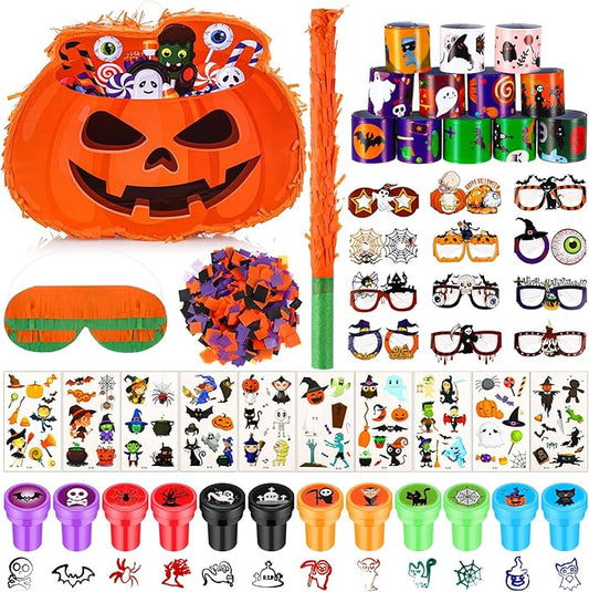 Jenaai 50 Pcs Halloween Piñatas Party Favors Include Large Piñatas with Blindfold Slap Bracelets Paper Eyeglasses Glow in the Dark Stickers and Stamper Halloween Party Supplies(Pumpkin)