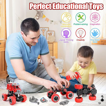 LUDILO 4PCS Fire Truck Toys for 3 4 5 Year Old Boy Birthday Gifts DIY Assembly Take Apart Firetruck with Electric Drill Stem Building Toys Xmas Bday Gifts 3 4 5 6 Year Old Boys Girls Kids Toddler Toys