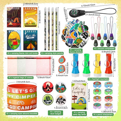 210 Pcs Camping Party Favors Camper Birthday Party Decoration Notepad Pencil Sharpener Eraser Badge Sticker Bracelet Compass Tag Keychain Flashlight Bag for Camping Theme Adventure Supplies