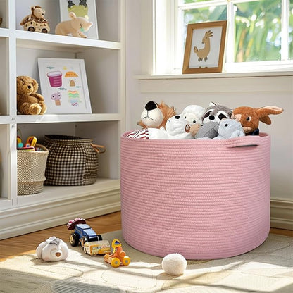 MEGASKET 115L Oversized Pink Basket, 23.6"x15.7" Woven Cotton Rope Bin with Handles, XXXL Blanket Storage for Living Room, Kids Toy Storage Bin Box, Baby Laundry Basket for Organizing, Pink Room Decor