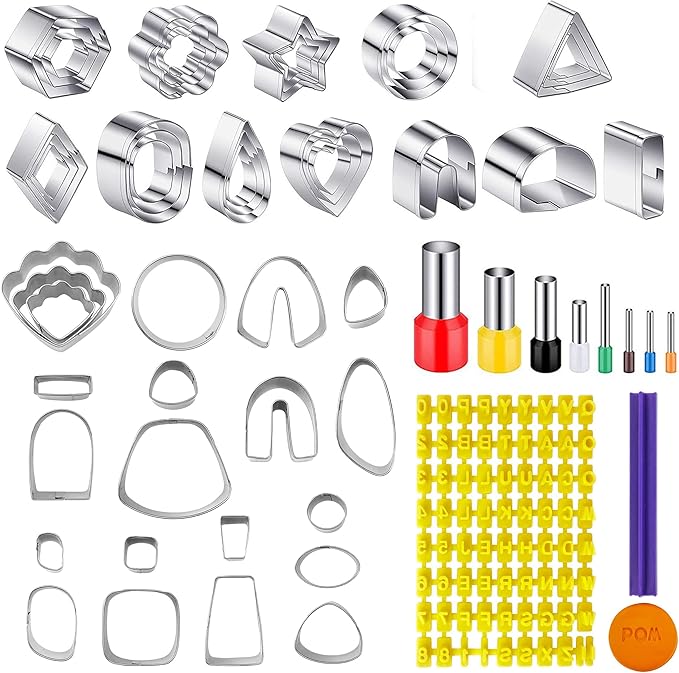 60 Pcs Clay Tools Set,Polymer Clay Earring Making Kit, 51 Shapes Stainless Steel Clay Cutters with 8 Circle Shape Cutters 1 Clay Letter Stamp Jewelry Making Sculpting Clay (60Pcs)