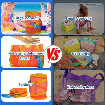 2Pcs Foldable Toy Storage Bag, Large Capacity Sea Shell Bags for Beach (10.5L/2.77Gallon), Portable Toy Storage Bag with Zipper and Strap(Orange and Blue), Storage Bucket for Sandbox