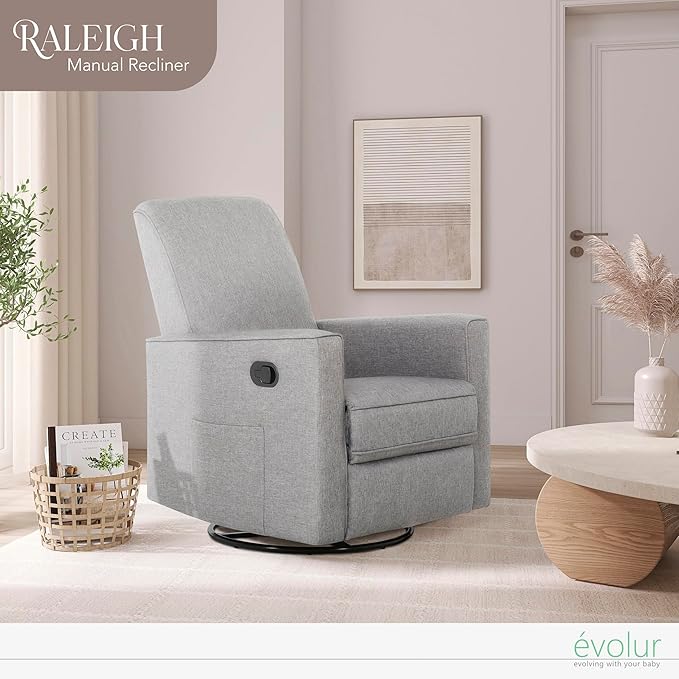 Evolur Raleigh Glider in Light Grey, Upholstered Plush Seating 360° Swivel Glider Rocking Chair, FSC Certified, Greenguard Gold & JPMA Certified Nursery Glider Recliner
