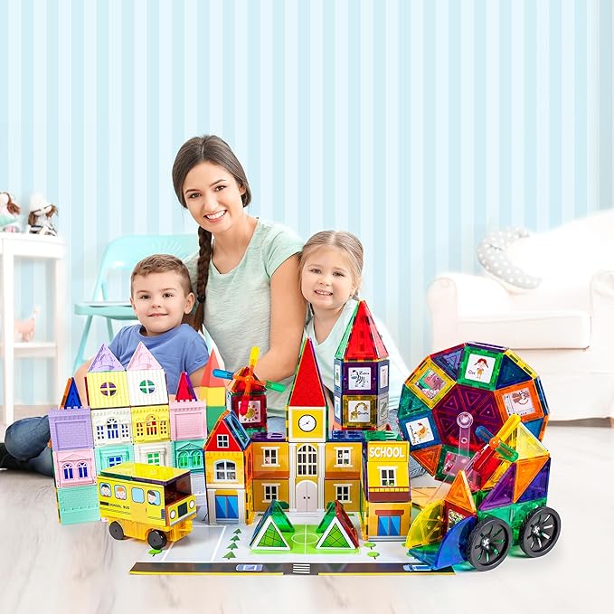 PicassoTiles Master Builder Magnetic Early Educational Toy Building Block Kit with 3 in 1 Playboard for Kid,Baby Ages 3 and Up, STEM Construction with School, Bus, Hospital, Police Station, 300 Piece