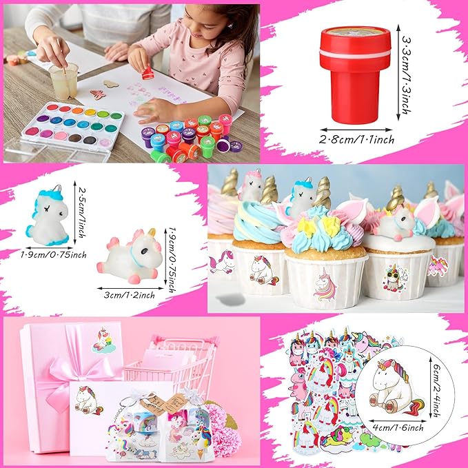 Hungdao 178 Pcs Unicorn Birthday Party Favors for 16 Kids with Keychain Sticker Stamp Ring Slap Bracelet Tattoo Sticker Gift Bag Tag for Unicorn Girl Party Carnival Gift Fillers