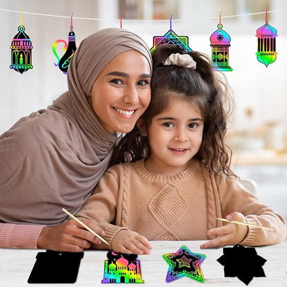 JULMELON 36 PCS Ramadan Crafts for Kids, Rainbow Scratch Paper Art for Kids Ramadan Gifts Eid Mubarak Magic Color Scratch Off Cards for School Classroom Activities DIY Drawing Project Party Favors