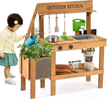 Mud Kitchen for Kids Outdoor, Wood Outdoor Kitchen with Planter Box, Toddler Play Kitchen with Sink, Faucet, Blackboard, Water Cup and Kitchen Accessories for Kids