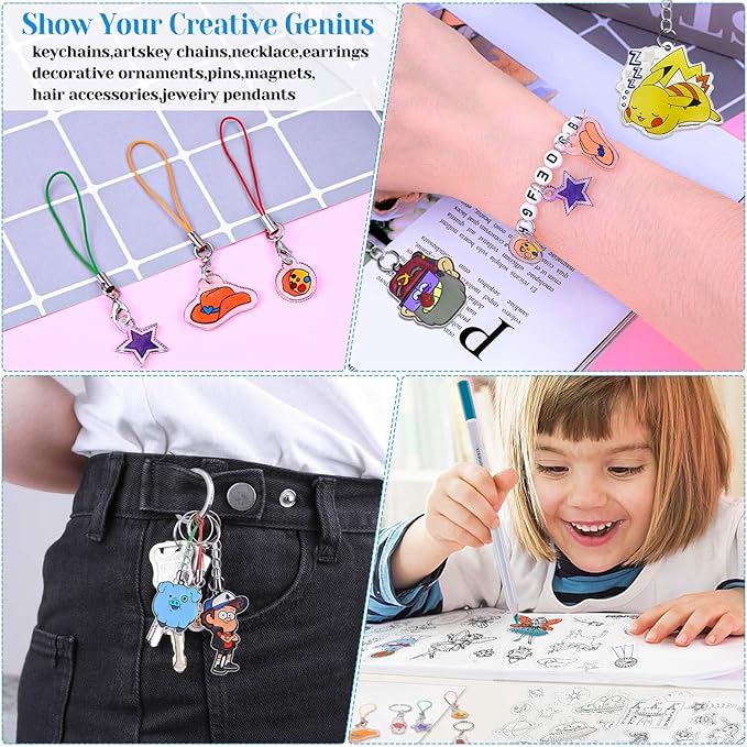 shynek 205 Pieces Shrinky Art Keychain Kit, Include 20 Pcs Shrinky Plastic Sheet and 185 PCS Keychain Accessories for Creative Art Craft