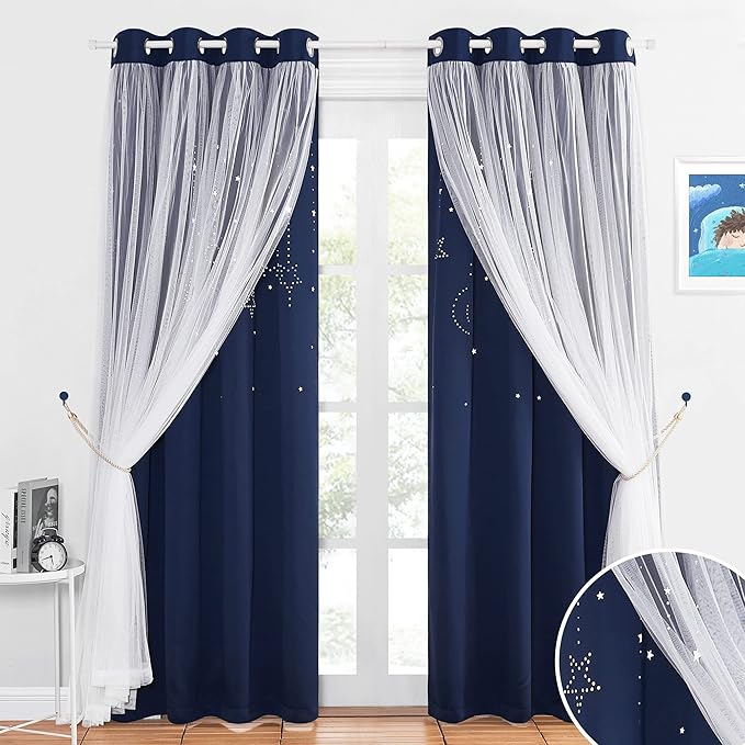 NICETOWN Stars and Moon Hollow-Out Blackout Curtains for Kids Room/Nursery, Grommet Top 2 Layer Window Treatment Curtain Panels for Living Room/Thanksgiving (2-Pack, W52 x L84 inches, Navy Blue)