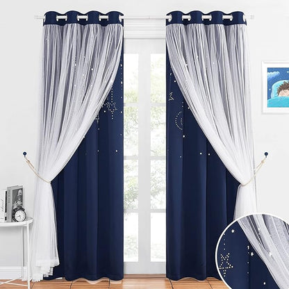 NICETOWN Stars and Moon Hollow-Out Blackout Curtains for Kids Room/Nursery, Grommet Top 2 Layer Window Treatment Curtain Panels for Living Room/Thanksgiving (2-Pack, W52 x L84 inches, Navy Blue)