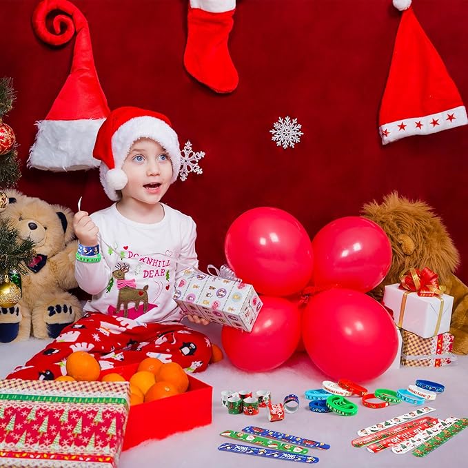 Capoda 60 Pieces Christmas Party Favors Christmas Silicone Bracelet Christmas Slap Wristbands Christmas Rubber Wristbands Xmas Slap Bracelets for Xmas Party Favors Stocking Stuffers Classroom Gifts