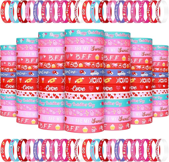 Wettarn 100 Pcs Valentines Silicone Wristband Happy Valentine's Day Wristbands Heart Rubber Bracelets Valentine's Day Party Favors Silicone Bracelets