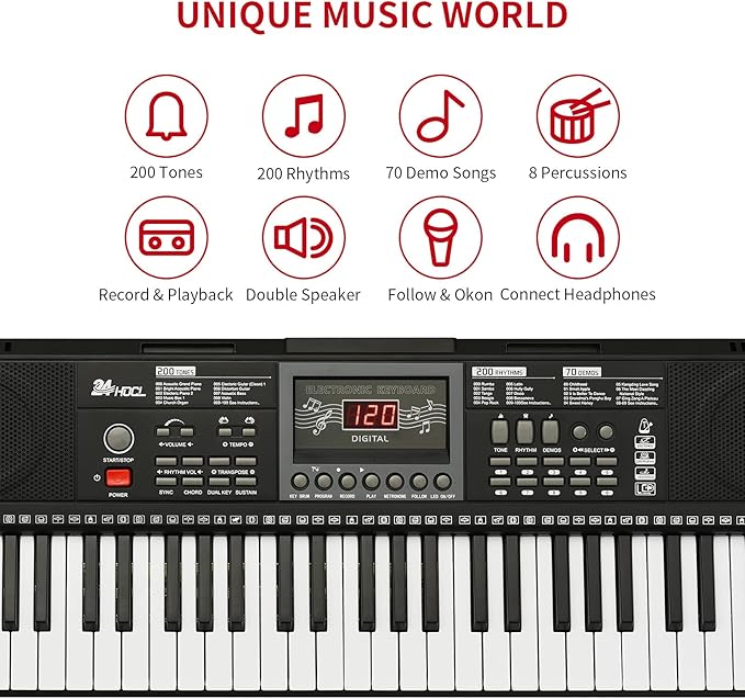 Kids Keyboard 61 Keys, Beginner Electronic Piano with One-Key Teaching 100 Tones & Rhythms, Portable Music Keyboard for Children with Microphone, Music Stand [Black, Piano with Stand]
