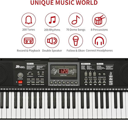 Kids Keyboard 61 Keys, Beginner Electronic Piano with One-Key Teaching 100 Tones & Rhythms, Portable Music Keyboard for Children with Microphone, Music Stand [Black, Piano with Stand]
