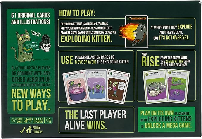 Exploding Kittens Zombie Kittens 2-5 Players - Ages 7+ - 15 Minutes to Play - High Stakes Zombie Card Game - Party Game, Family Game Night, Kid and Adult Card Game