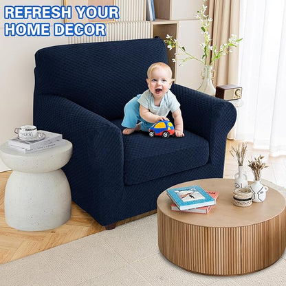 MAXIJIN 2 Piece Jacquard Chair Covers with Arms Super Stretch Non Slip Chair Slipcover for Living Room Dogs Pet Friendly Elastic Sofa Couch Protector Armchair Cover (Chair, Navy Blue)