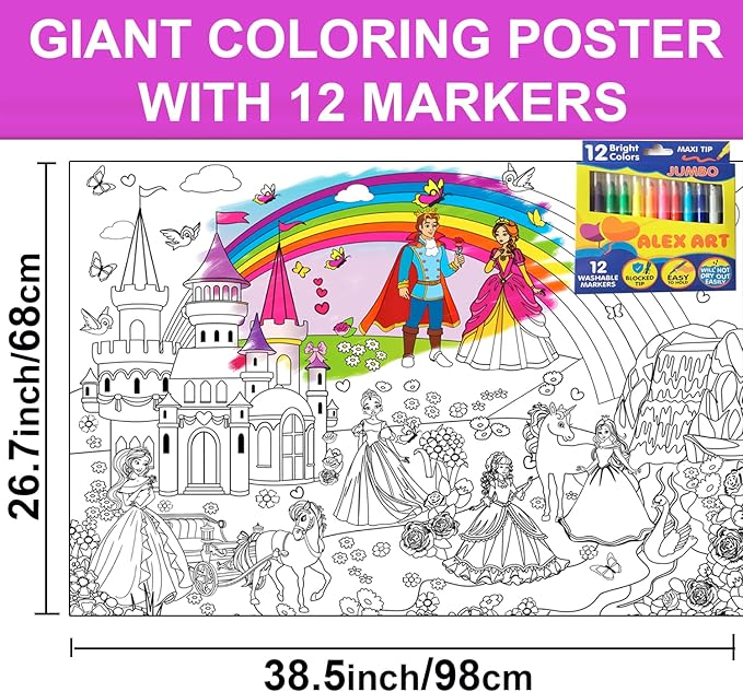 ALEX Art Jumbo Coloring Poster Princess with Markers - Giant Coloring Pages for Kids - Wall Coloring Posters for Kids - Large Coloring Sheets - Super Huge Coloring Poster - Big Coloring XL Floor Size