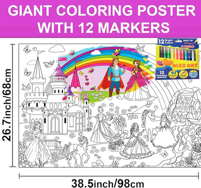 ALEX Art Jumbo Coloring Poster Princess with Markers - Giant Coloring Pages for Kids - Wall Coloring Posters for Kids - Large Coloring Sheets - Super Huge Coloring Poster - Big Coloring XL Floor Size