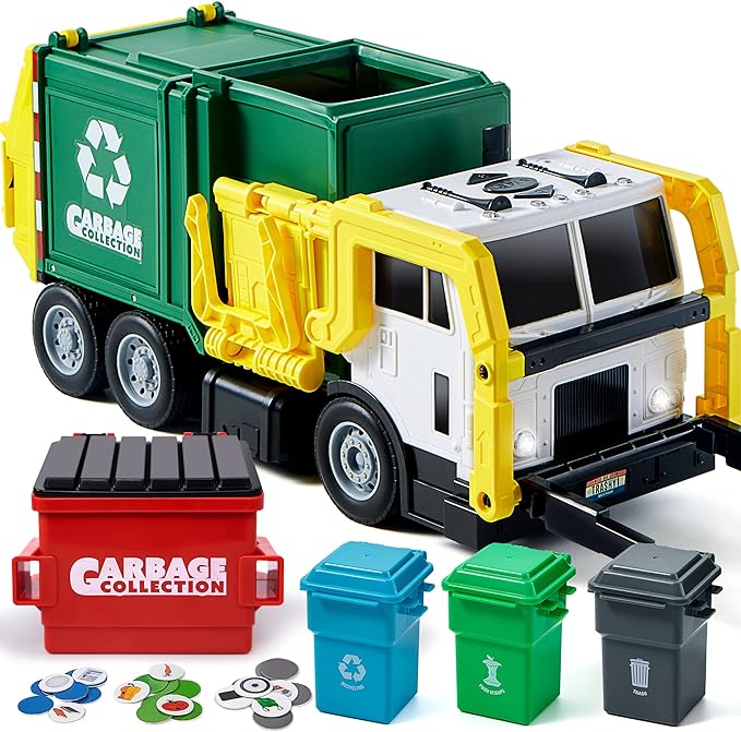 JOYIN Large Friction Powered Garbage Truck Toy Set, Includes 1 Dumpster, 3 Trash Bins, and 30 Learning Cards for Kids, Boy Toys Birthday Gift, Green