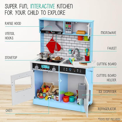 Lil' Jumbl Kids Blue Small Kitchen Set, Pretend Wooden Play Kitchen, Includes Range Hood, Microwave, Stove Top, Oven That Make Realistic Sound & Light, Pots, Pan, Cutting Board & Utensils Included,