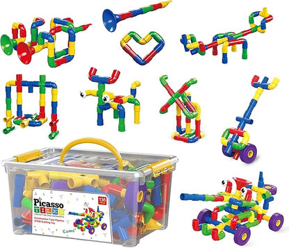 PicassoTiles PTT136 136pcs Tubular Pipes & Spout STEAM Interlocking Educational Building Block Set, Tube Locks, Pipeworks Construction Blocks w/Storage Container Box, Idea Book, Flute Musical Kit